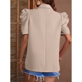 Women'S Chic Beige Lantern Sleeve Blazer - Short Sleeve, Double-Breasted Jacket with Faux Pockets, Casual Yet Elegant Polyester Outerwear for Spring & Summe