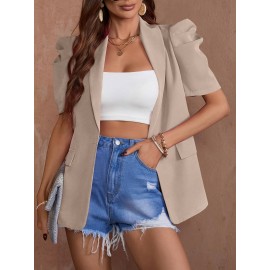 Women'S Chic Beige Lantern Sleeve Blazer - Short Sleeve, Double-Breasted Jacket with Faux Pockets, Casual Yet Elegant Polyester Outerwear for Spring & Summe