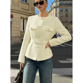 Elegant Versatile Waistcoat | Chic Casual Blazer, Stylish Slim-Fit Versatile Outerwear, Women'S Tweed Textured Commuting Single-Breasted Top, Material, Fall/Winter Season, Long Sleeve.