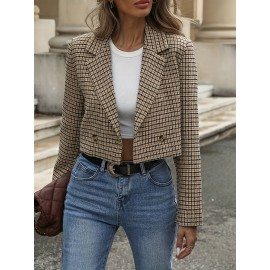 Women's Short Plaid Suit Jacket - Double Breasted Blazer with H-Line Silhouette, Loose Fit Short Length for Professional & Smart-Casual Outfits, Spring Summer Fall (Suitable for, Bluffers/Events)