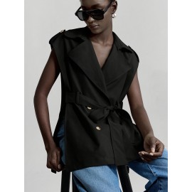 Women's Sleeveless Blazer Coat - Belted Lapel Collar H-Line Tailored Jacket, Beige/Brown/Black/Navy/Gray, Machine Washable All-Season Office Wedding Party Uniform, Structured Lapel Lapel Suit Outerwear