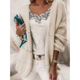 [Chic Cardigan] Plus Size Women's Chic Color-Block Striped V-Neck Cardigan | Long Sleeve, Beige & White, Casual Fall/Winter Outerwear with Lace Detail, Lace Trim