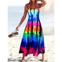 [Tie-Dye Beach Dress] Vibrant Tie-Dye Print Women's Sleeveless Dress | Lightweight Breathable Round Neck, Machine Washable, Spring Summer Beach Vacation Casual Outfit - Blue Yellow Pink Purple on Black Background Fabric