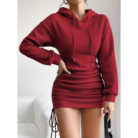 Hooded Ruched Bodycon Dress | Stylish Casual Streetwear with Drawstring Side Detail, Long Sleeve, Midi Length, Perfect for Daily Wear, Parties, Travel, and Fashion Looks
