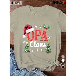 Women'S Plus Size Opa Claus Christmas Greek-Themed Santa Hat & Tree Graphic T-Shirt - Short Sleeve Casual Round Neck Holiday Party Top with Greek Lettering, All-Season Fit for Greek Orthodox Christmas Celebrations & Casual Attire - Festive Red & Gre