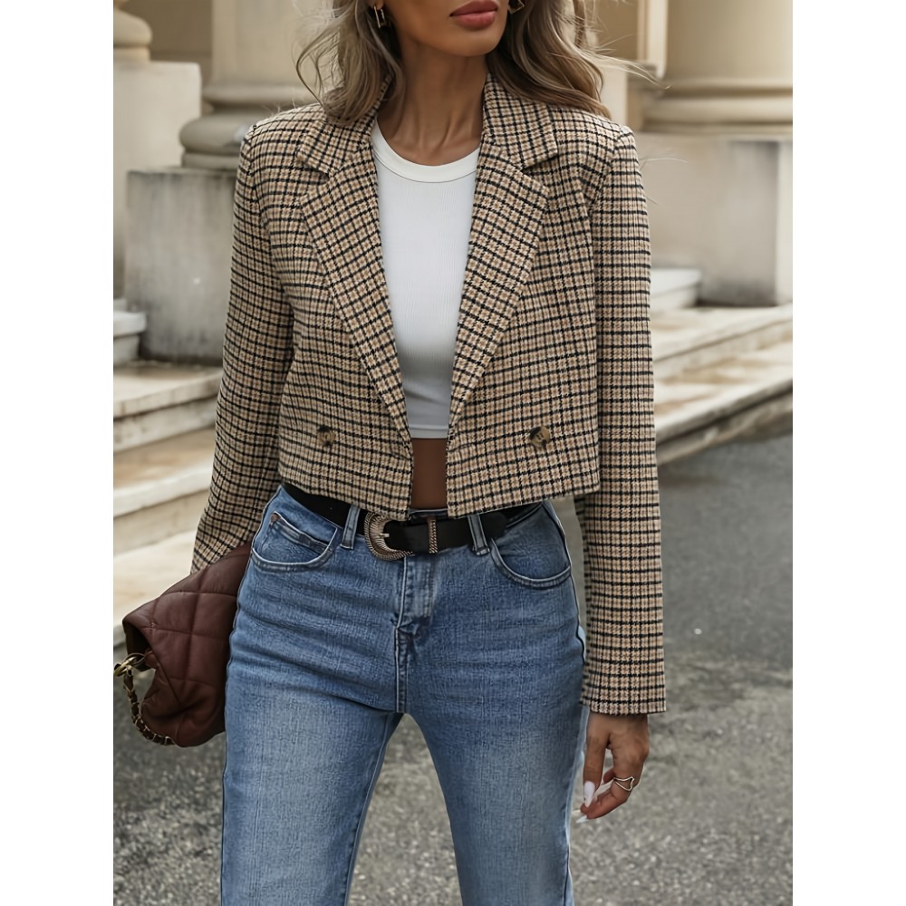 Women'S Houndstooth Blazer Jacket - Elegant Office to Party Coat, Structured H-Silhouette Blazer for Fall/Winter, Button-Front Closure, Professional & Formal Events - Women'S Business Jacket, Winter Outerwear, Stylish Outerwear, Durable Fabric