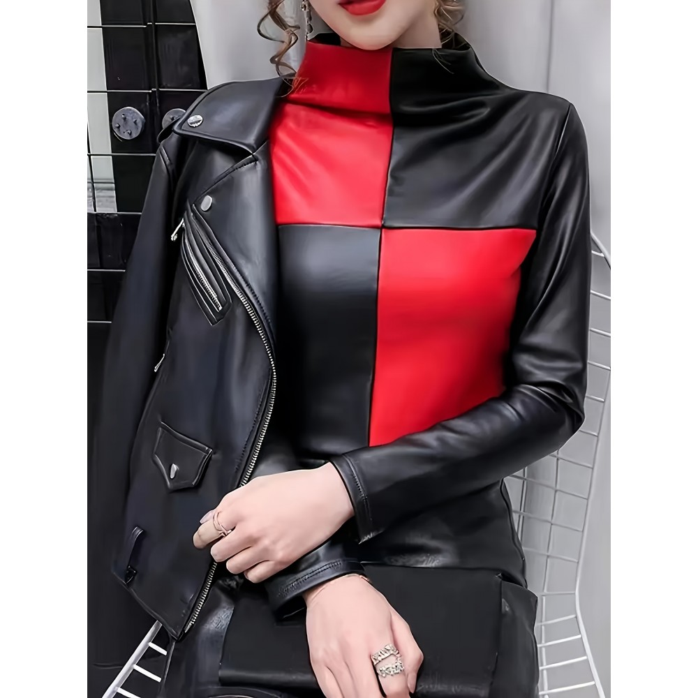 Women's Elegant -like Stretch Turtleneck Blazer Jacket-Like Top - Burgundy/Black/White/Gray Color Block H-Line Silhouette, Long Sleeve Shirt for Daily & Party Wear, Spring Summer Fall (No Chest Padding, Non-)
