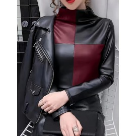Women's Elegant -like Stretch Turtleneck Blazer Jacket-Like Top - Burgundy/Black/White/Gray Color Block H-Line Silhouette, Long Sleeve Shirt for Daily & Party Wear, Spring Summer Fall (No Chest Padding, Non-)