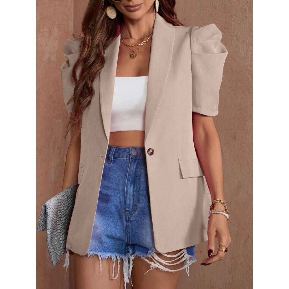 Women'S Chic Beige Lantern Sleeve Blazer - Short Sleeve, Double-Breasted Jacket with Faux Pockets, Casual Yet Elegant Polyester Outerwear for Spring & Summe